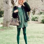 Green fur coat + Tweed dress + Flat shoes